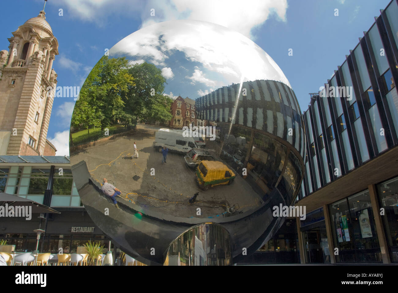 Anish Kapour`s Stainless steel sky mirror outside of the Nottingham Playhouse Stock Photo